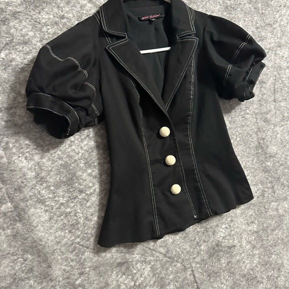 Betsey Johnson Jacket Top Peplum Black 2 Short Sleeves Buttons Retro Classic - Picture 11 of 12